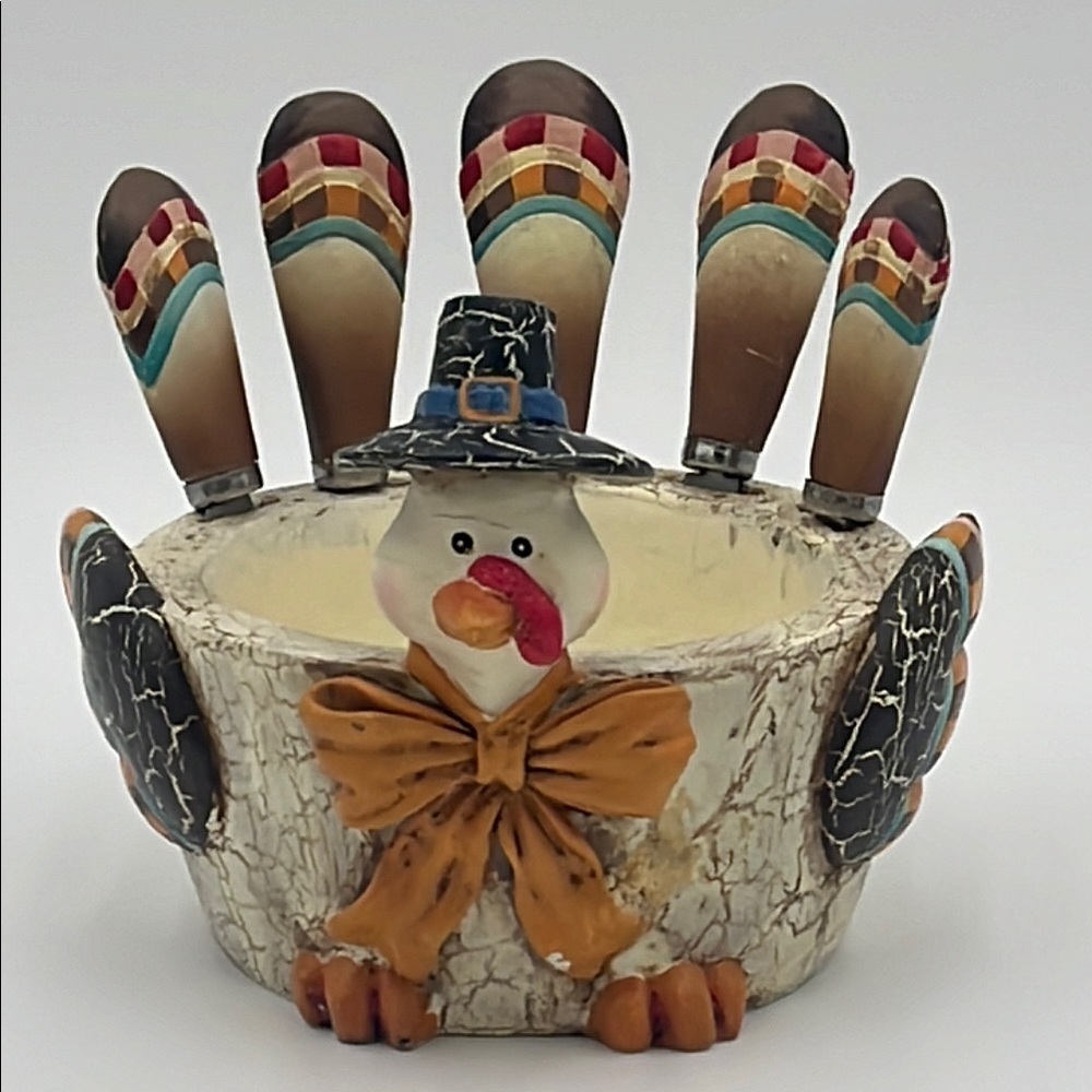 Vintage Resin Colorful Thanksgiving Turkey Bowl & 5 Knife Spreaders